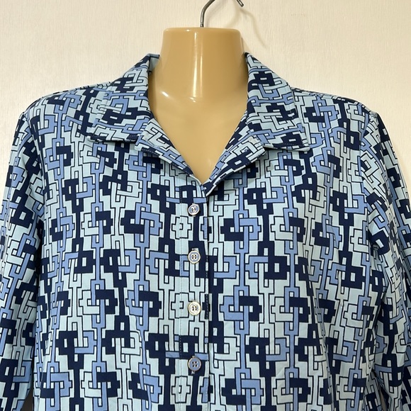 J.cMLAUGLIN GEOMETRIC BLOUSE WOMEN STRETCHY ELBOW SLEEVE BLUE Sz LARGE - Picture 3 of 12